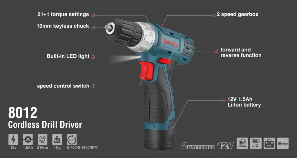 دریل پیچ گوشتی شارژی 12 ولت رونیکس مدل 8012